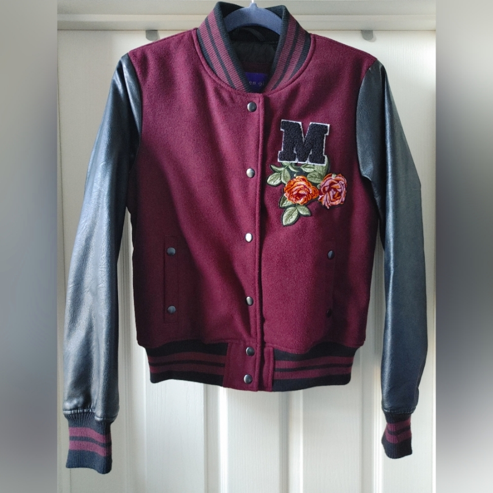 Madden Girl Bomber Faux Leather Letterman Jacket Snap Button Burgundy Black S/P
